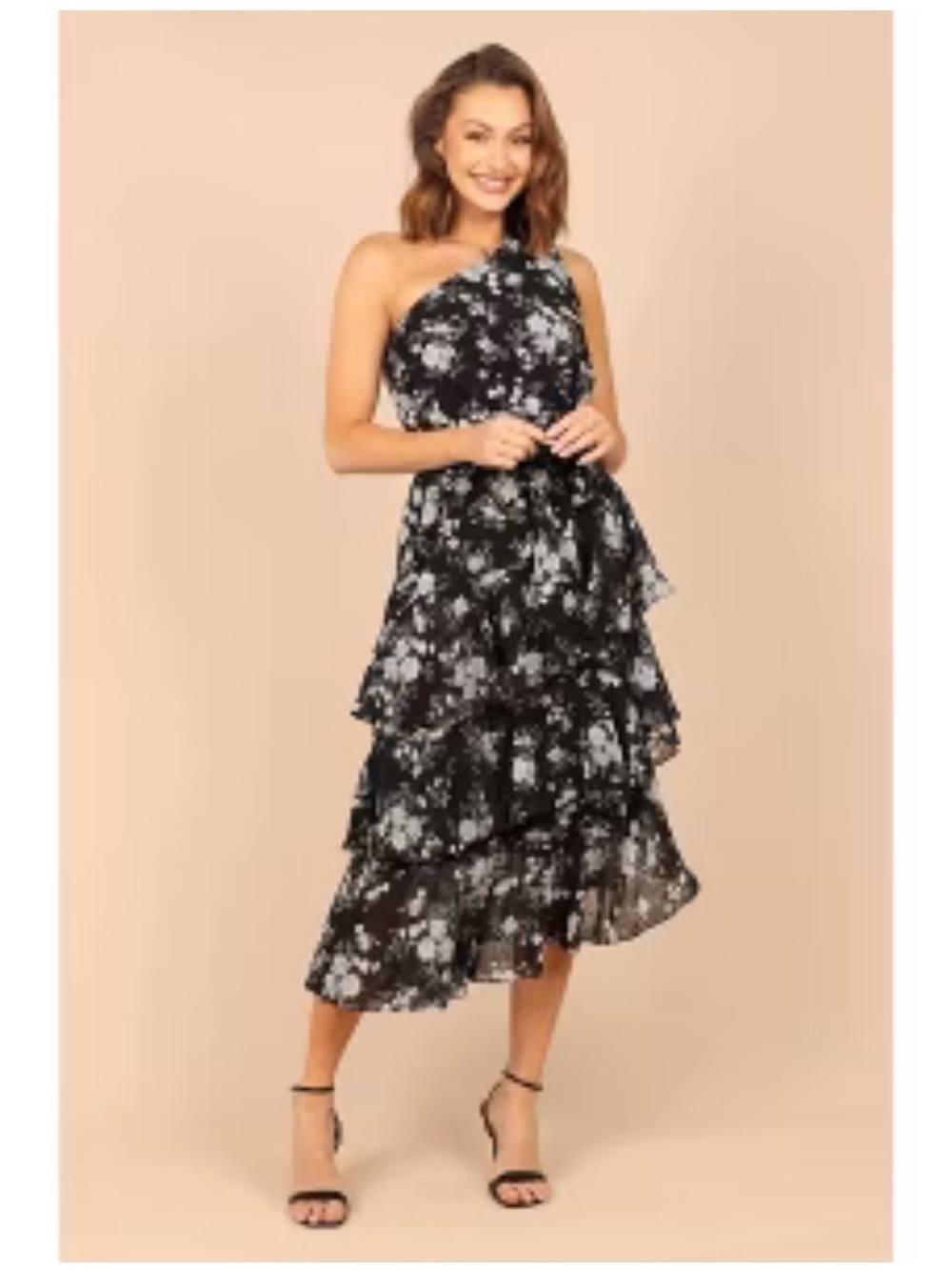 Petal & Pup Black One-Shoulder Floral Tiered Midi Dress